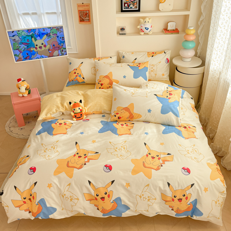 宝可梦卡通纯棉四件套全棉三件套皮卡丘被套床单单人男孩床上用品