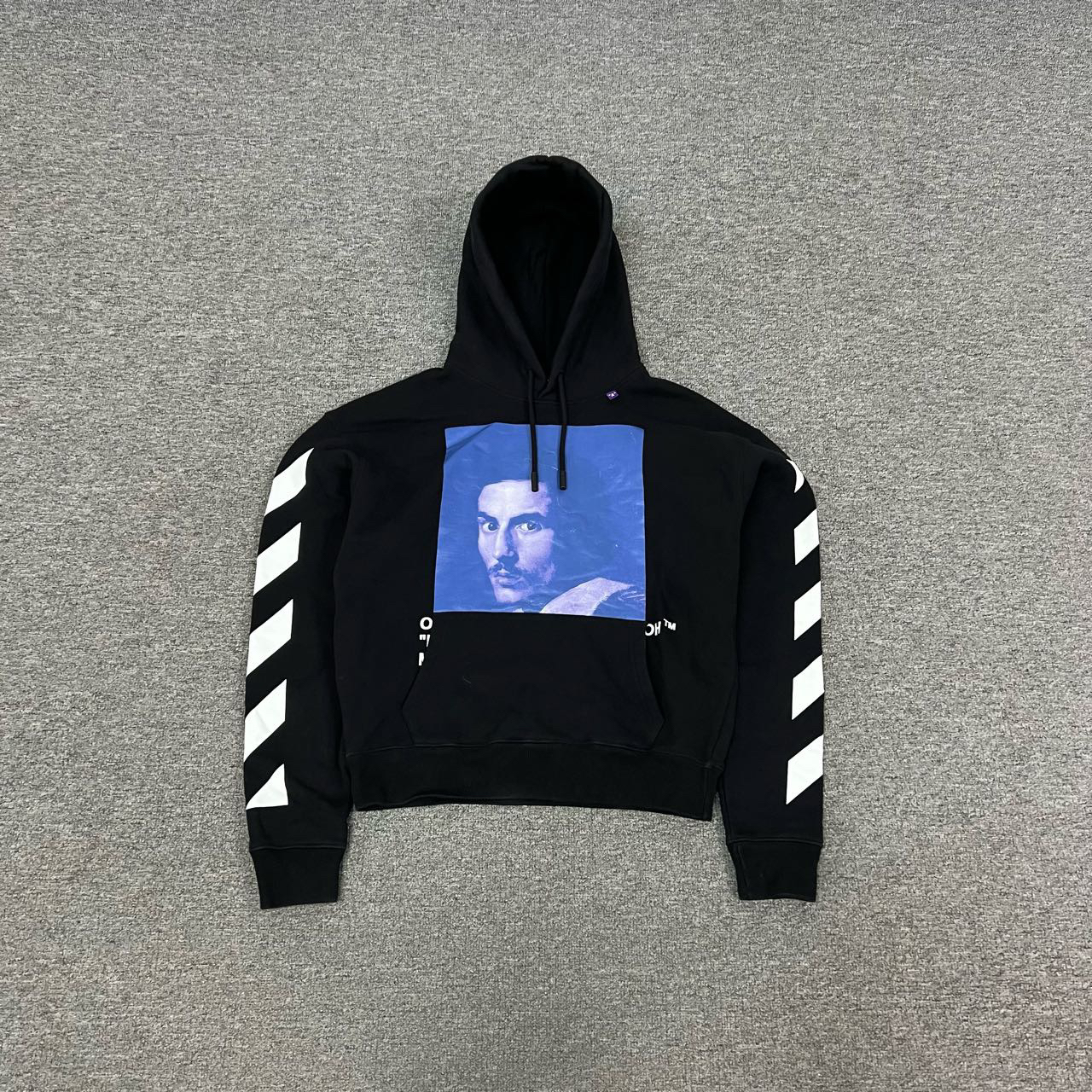99新 OFF-WHITE 黑色 人像 斑马纹 连帽 卫衣 xs码