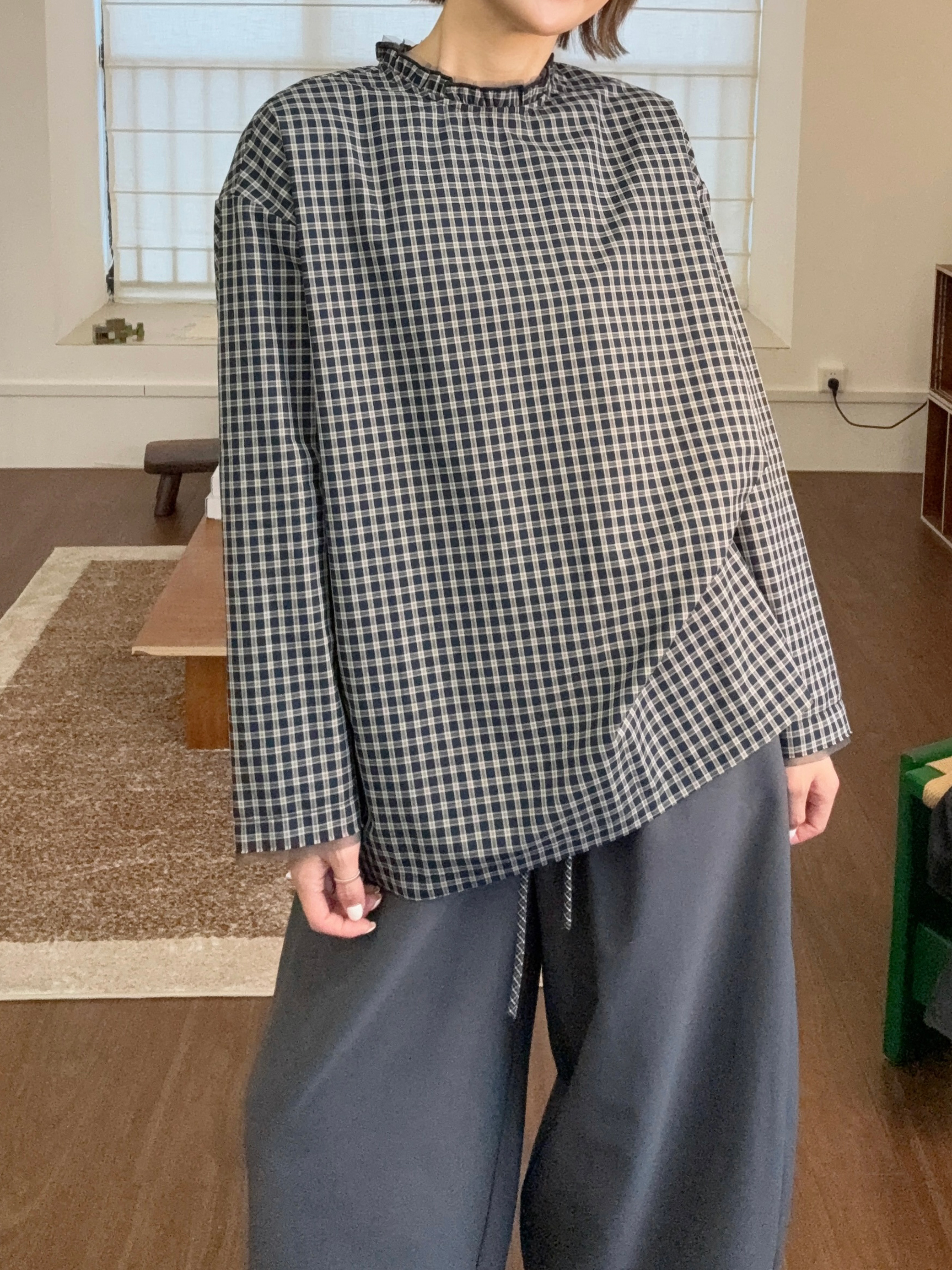 2025叠穿复古双层格子花边领百搭宽松显瘦套头长袖衬衫上衣女S225