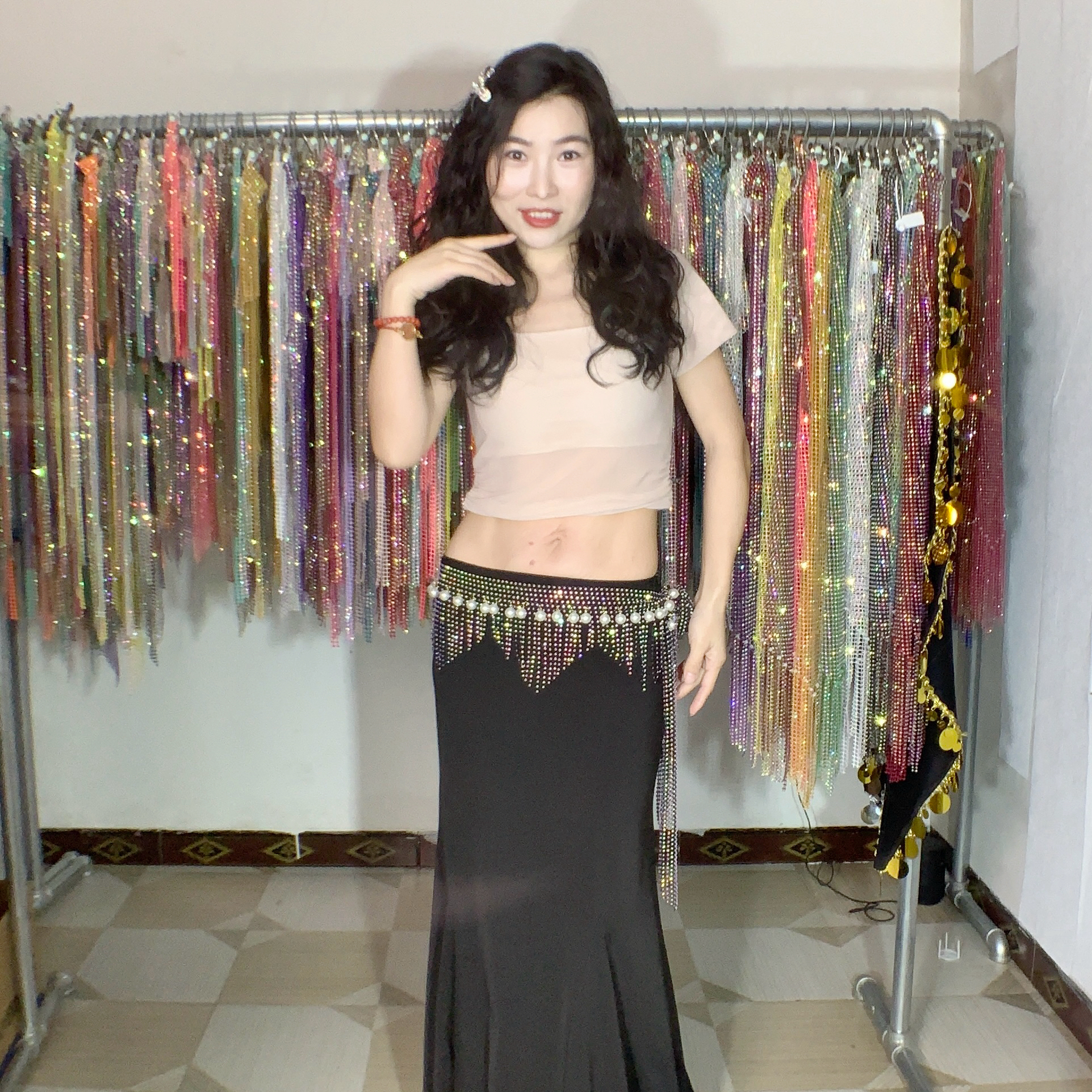 尼罗河之约肚皮舞新款腰链12号钻珍爱流苏腰巾珍珠配饰名师同款