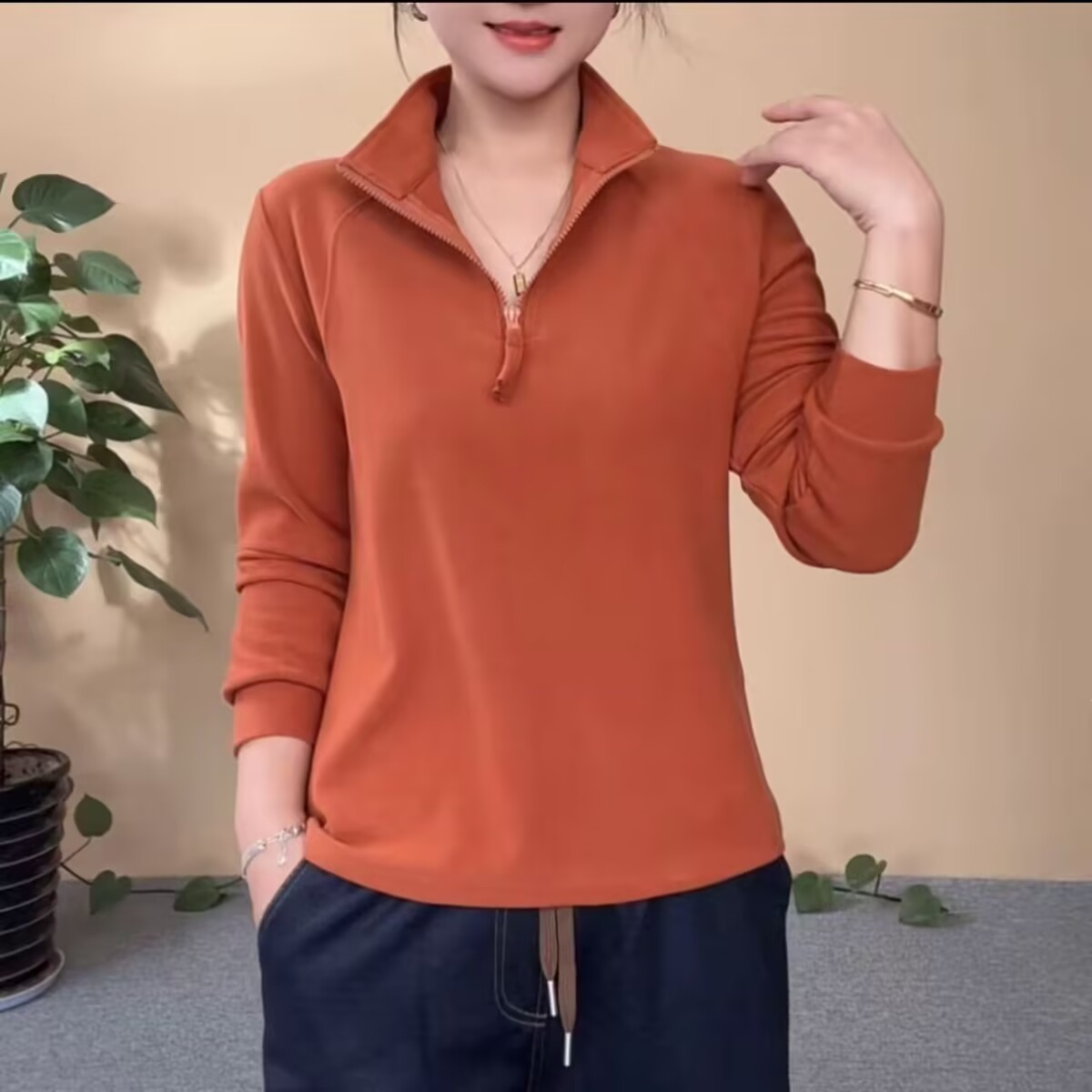 秋季新款时尚妈妈立领卫衣宽松显瘦百搭半拉链打底衫女上衣