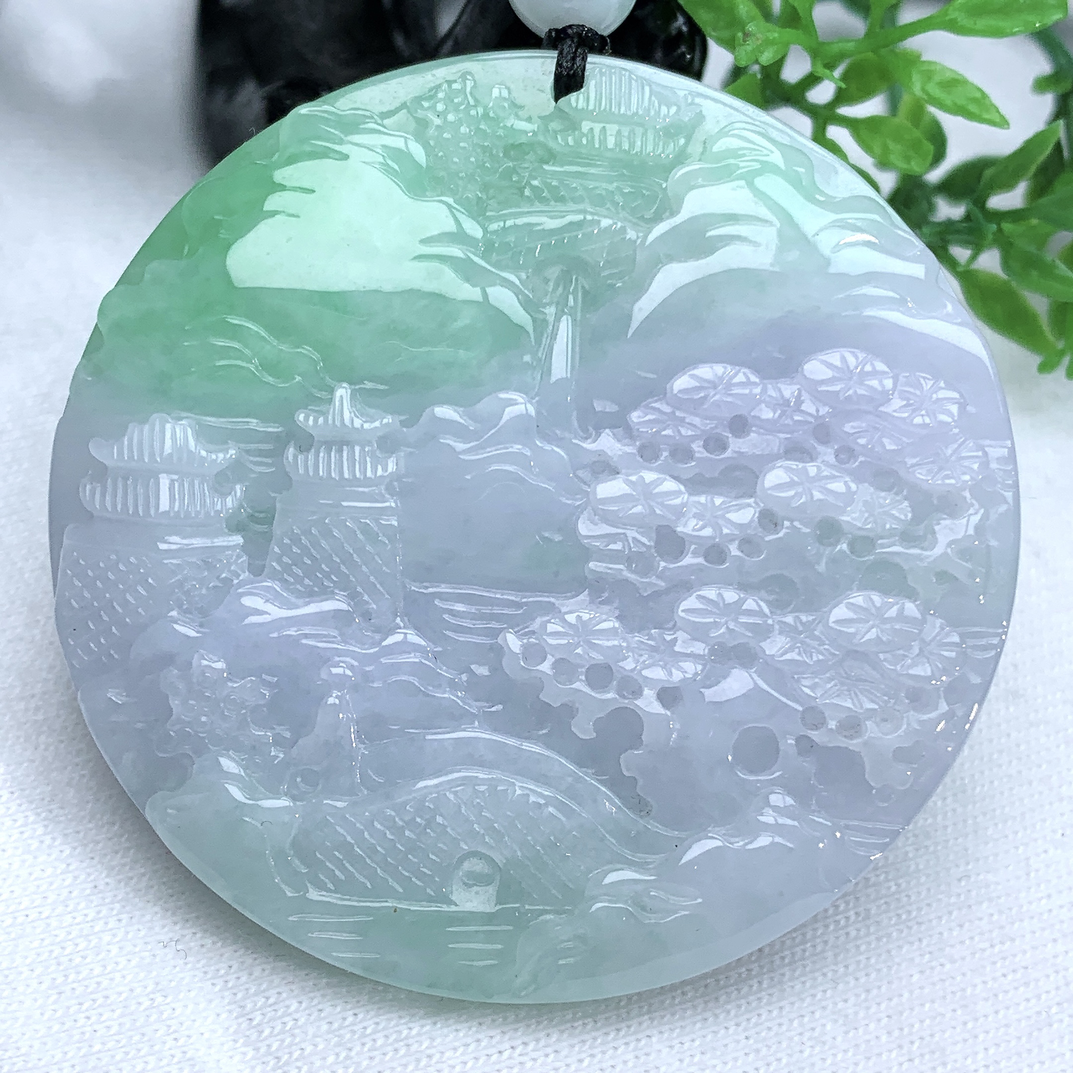 天然缅甸翡翠A货冰润春带彩飘绿紫罗兰山水吊坠挂件玉牌圆形