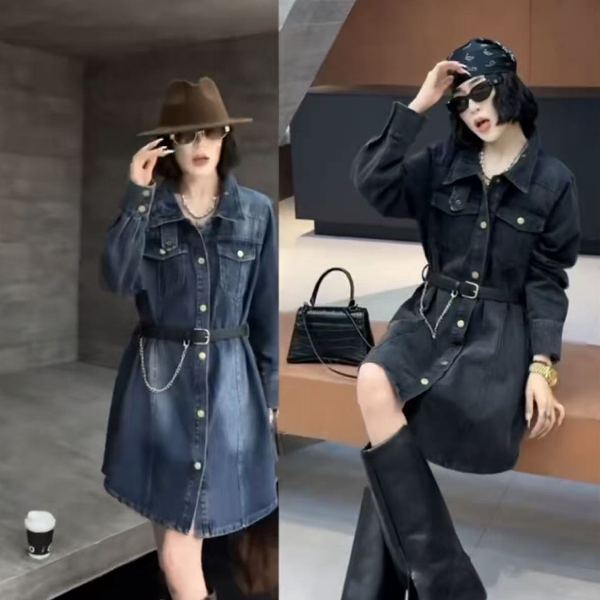 欧货显瘦POLO领腰带中长款连衣裙