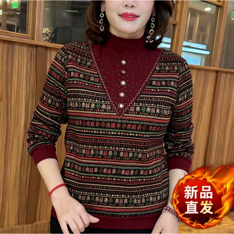 秋冬新款潮流百搭休闲打底衫时尚半高领女装烫钻设计洋气妈妈装