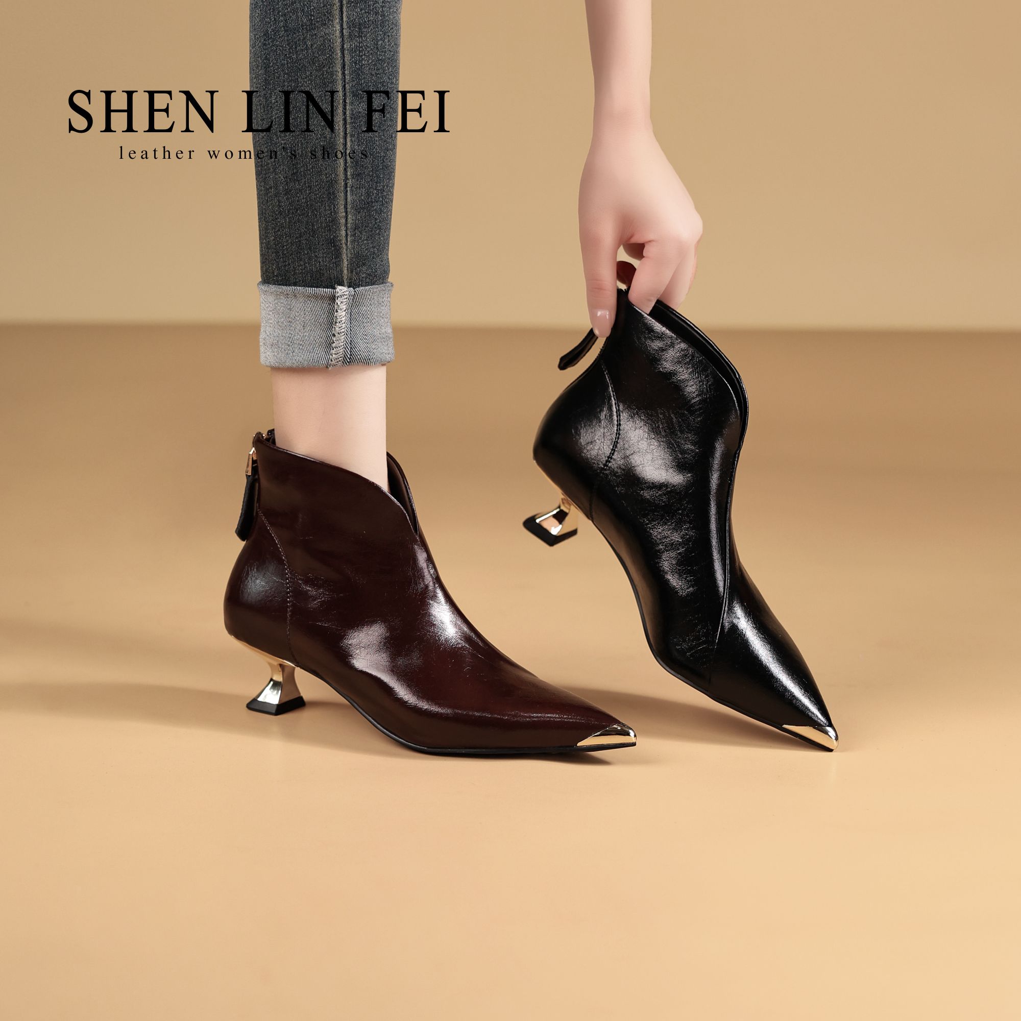 圣琳妃/牛皮/4-5CM气质尖头时装靴真皮百搭不累脚细跟裸靴D20556