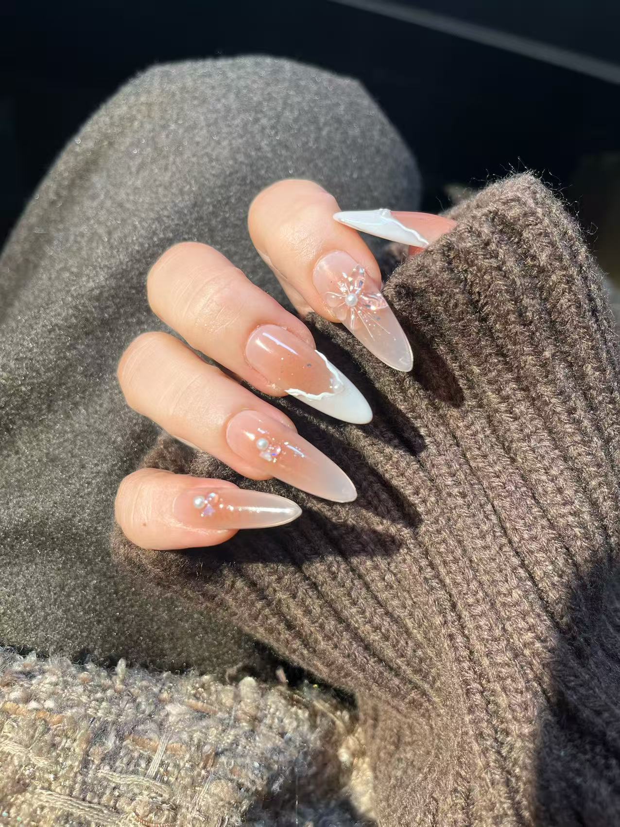 【冰咖拿铁】中长款腮红猫眼法式手工穿戴甲显白靓美甲