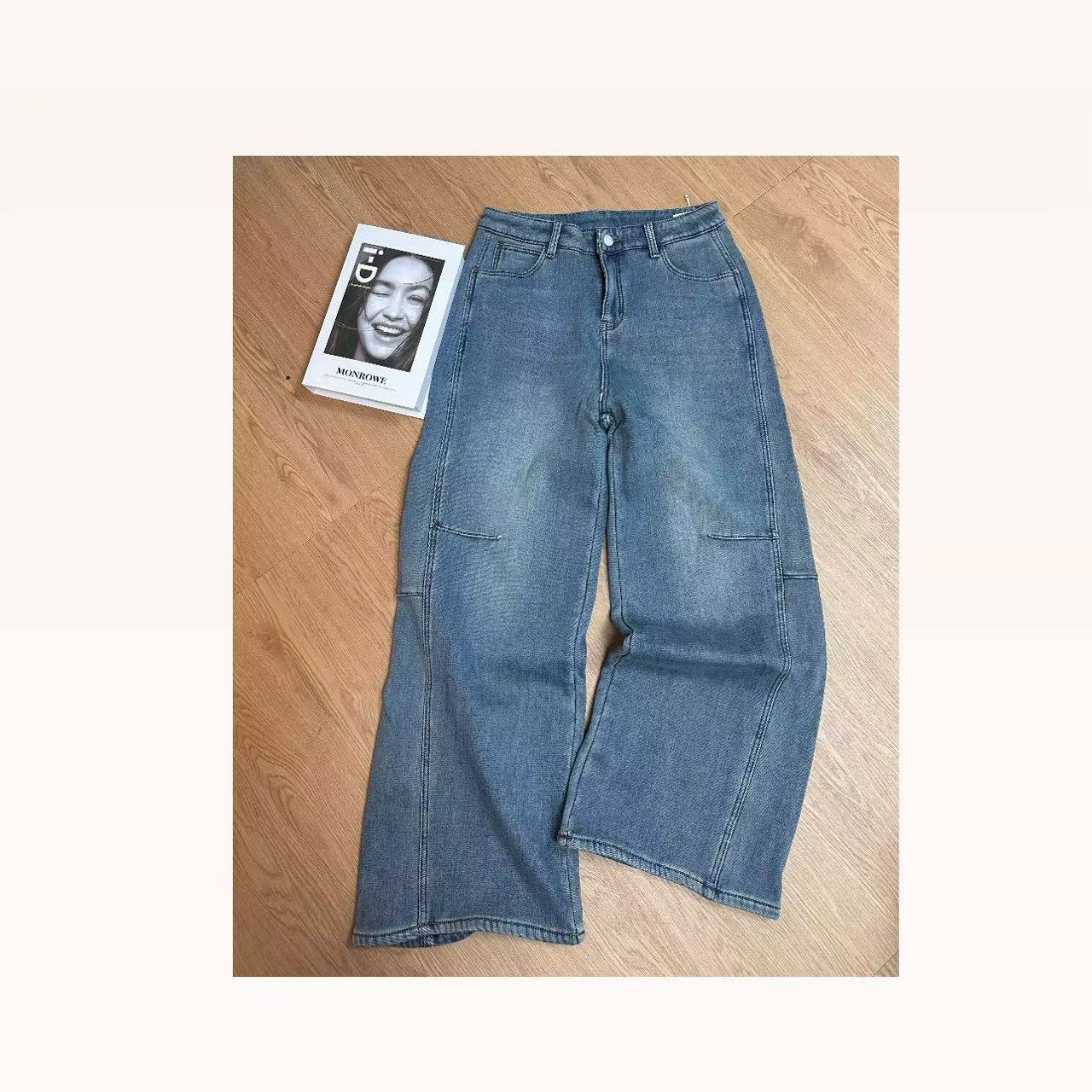 豆姐推荐   欧美蓝加绒阔腿牛仔裤6288