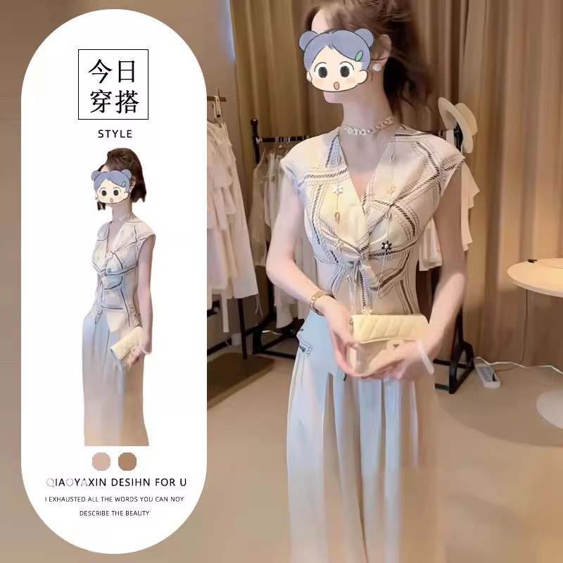 轻奢高级感女人味十足两件套气质无袖v领扭结收腰上衣+阔腿裤套装