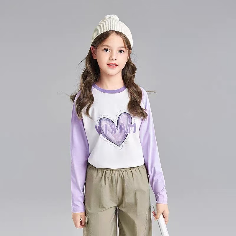 B03笛家女童装长袖T恤春装新款儿童圆领白色打底衫撞色上衣百搭