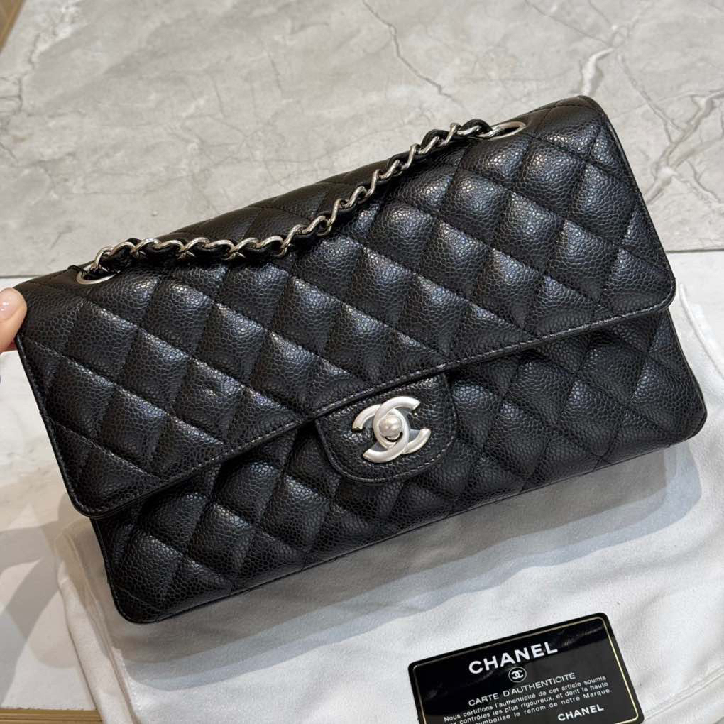 99新 Chanel/香奈儿 黑银荔枝CF中号单肩包  30开