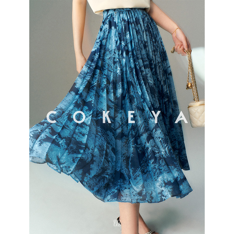 COKEYA/D式法风~宫廷茹伊花纹4.5米用量高腰A字长款百褶半身裙女