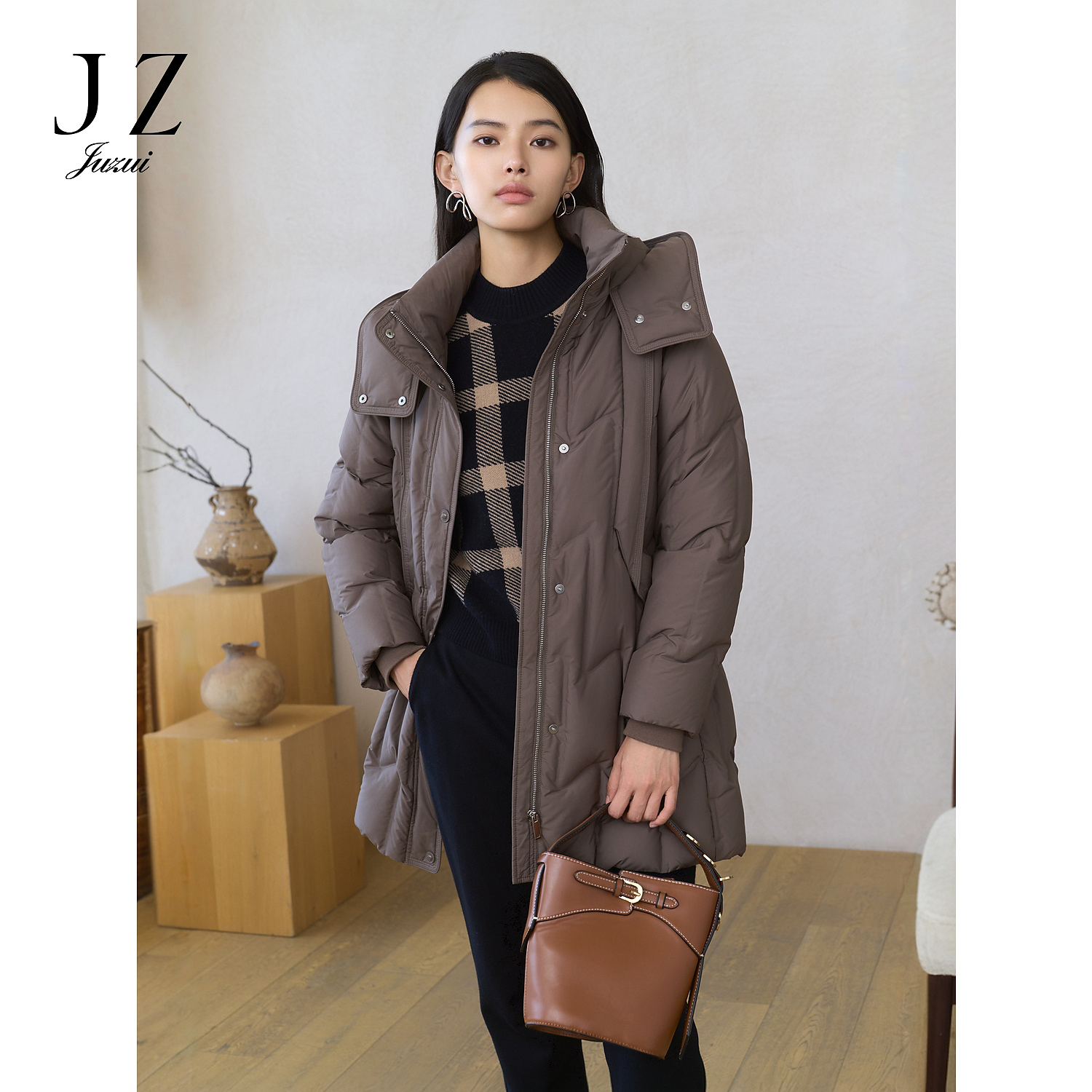 商场同款JZ玖姿雅丹风休闲中长鸭绒羽绒女2024冬季新款JWED03205