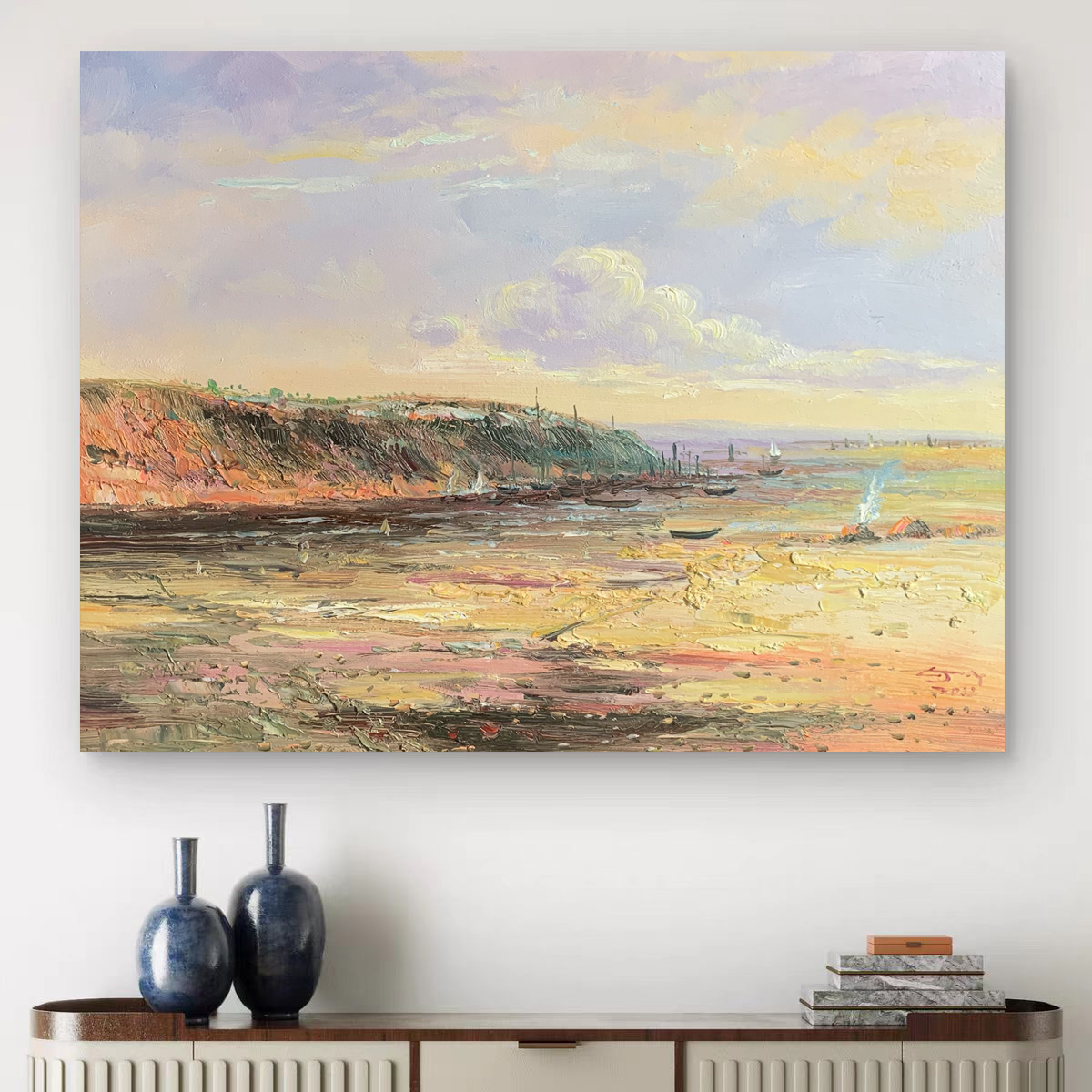 《港湾暮彩》50*60含内框，刘春建手绘油画装饰画，客厅背景墙挂画
