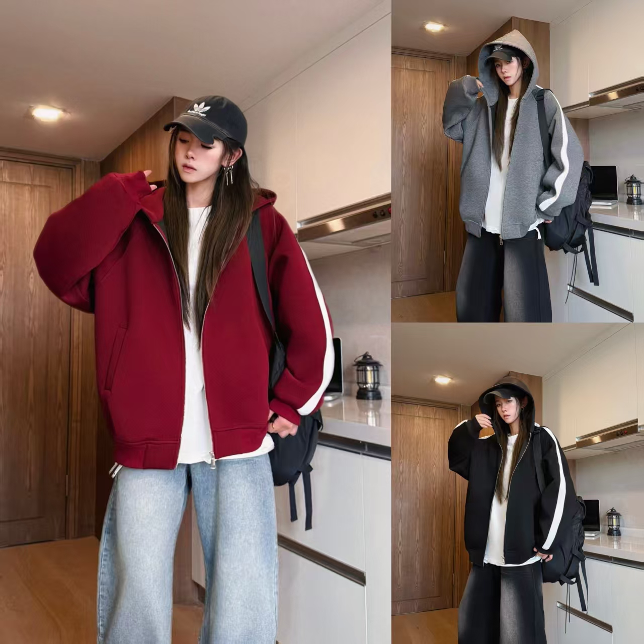 三七-【重磅高克重】秋季美式连帽卫衣男百搭休闲拼接运动开衫外套