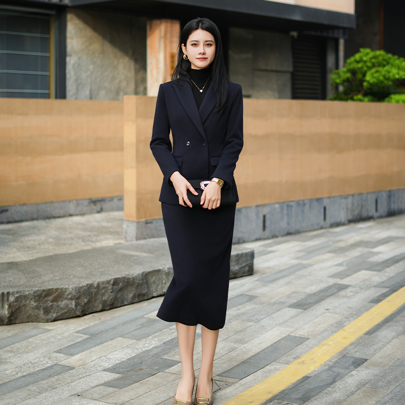 藏青色西装裙套装女气质收腰案场客服工作服外套两件套冬季新款