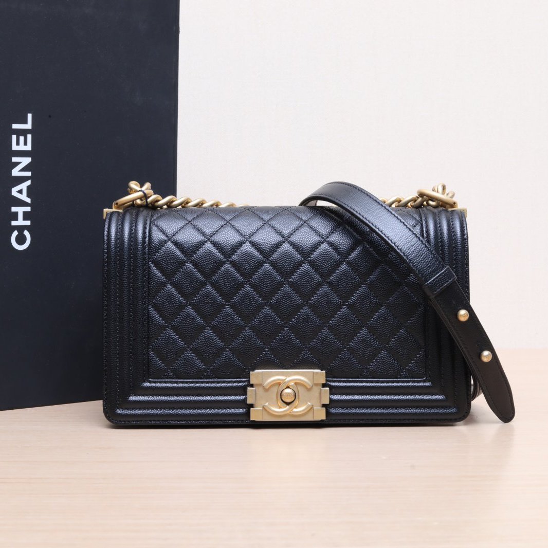 95新 Chanel/香奈儿 小花攀攀Leboy 中号 25cm 黑色 皮革C 26开