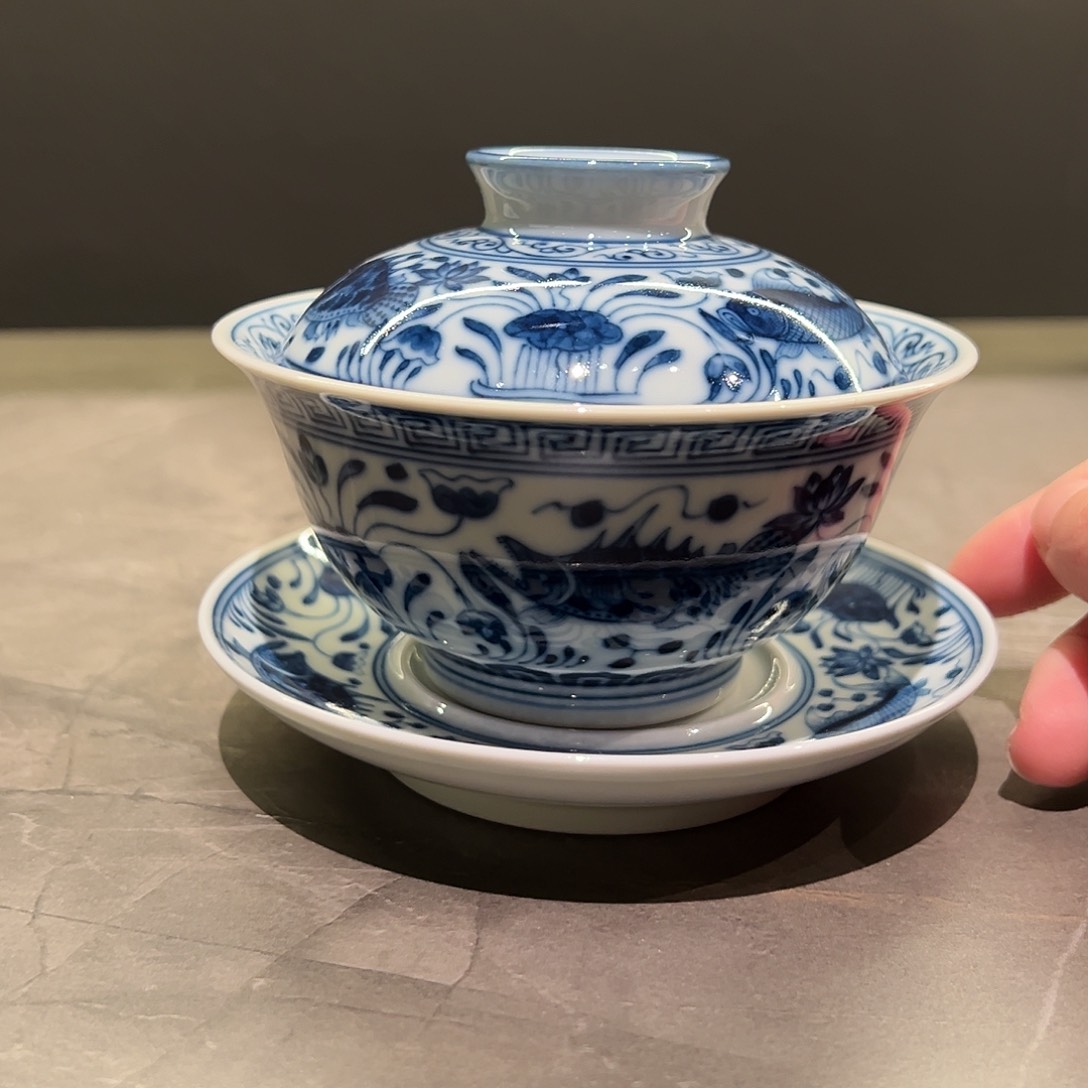 钟家窑柴窑三才鱼藻纹盖碗