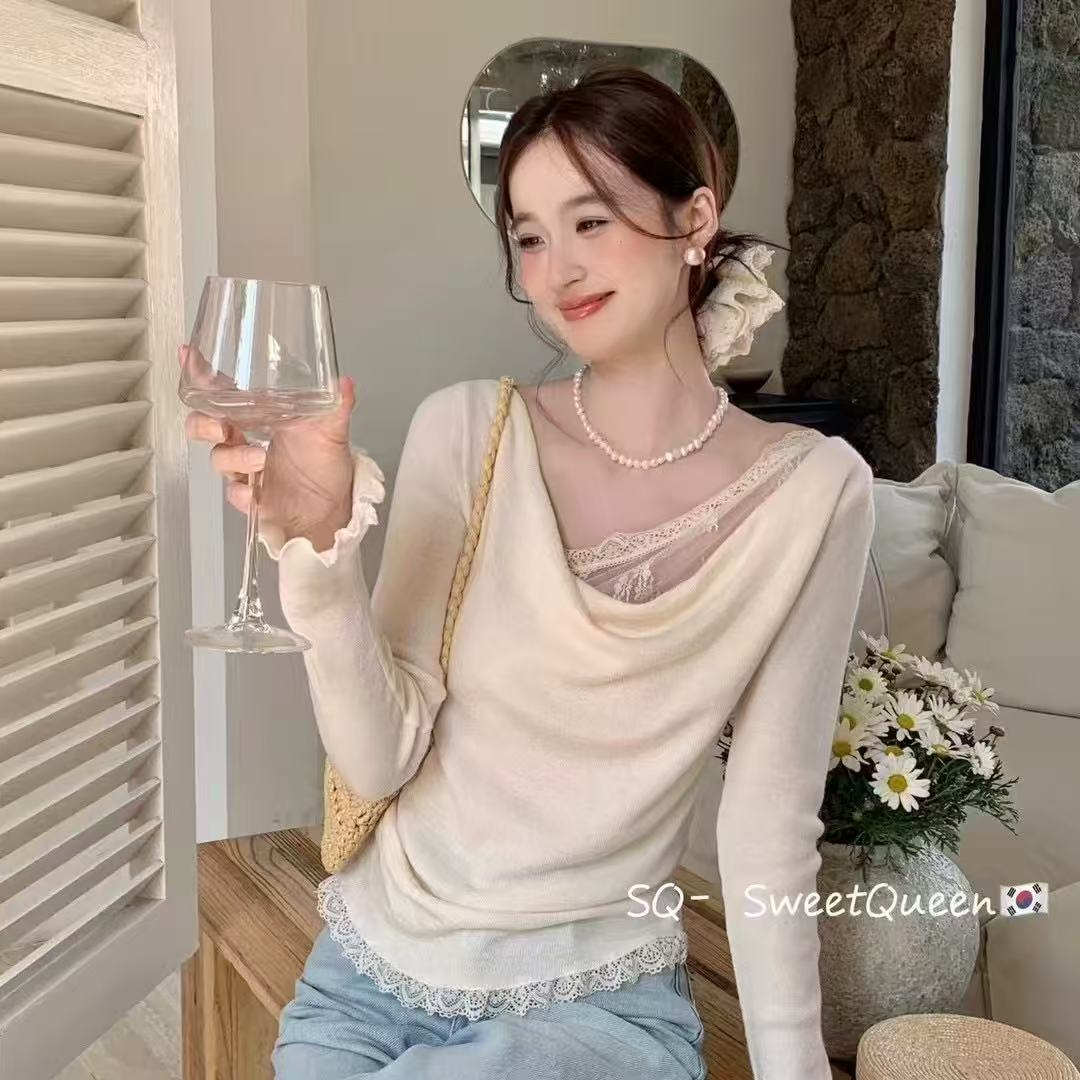 温柔风蕾丝拼接荡领长袖针织衫女春季新款设计感收腰显瘦上衣