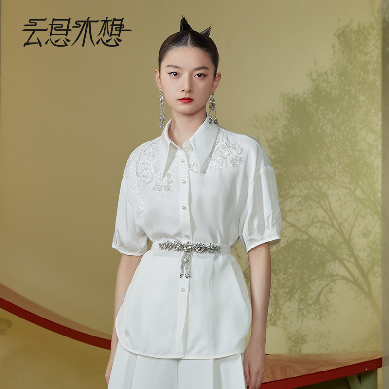 Ysimo-X云思木想新中式2024夏季新款设计感绣花钉珠白色衬衫11619
