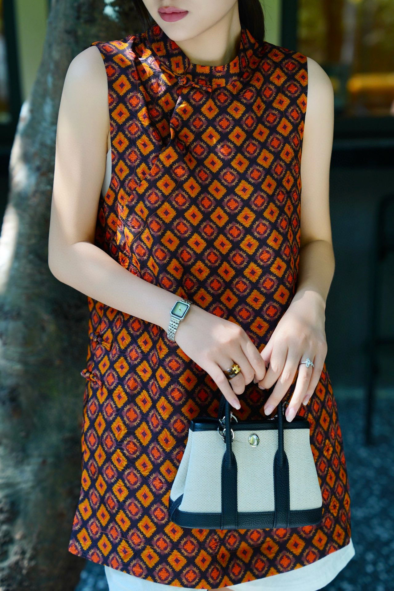 FreeHer 夏季香云纱马甲裙乔其纱连衣裙菱形花图案新中式裙 Q10