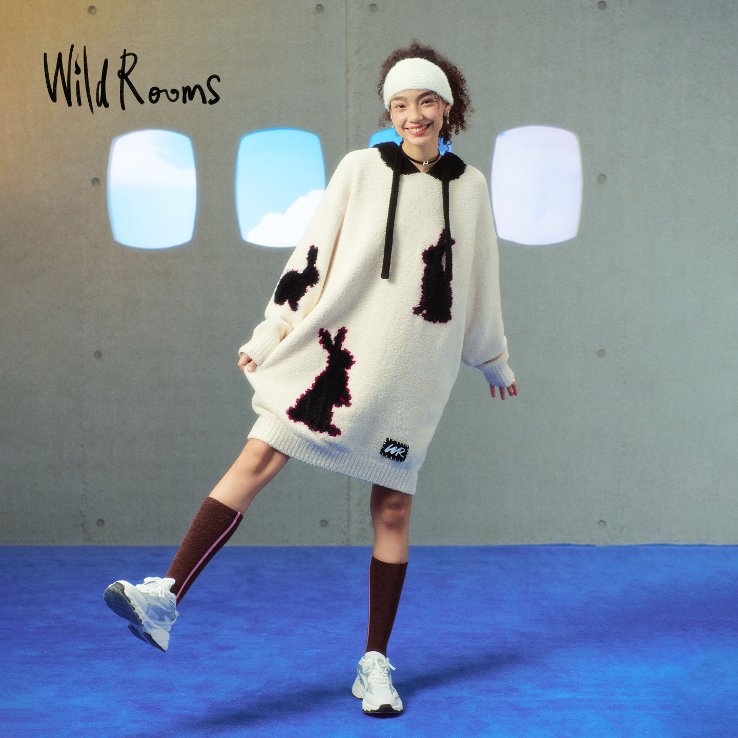 WildRooms黑白兔子家居服卫衣裙睡裙秋冬新款宽松中长款半边绒