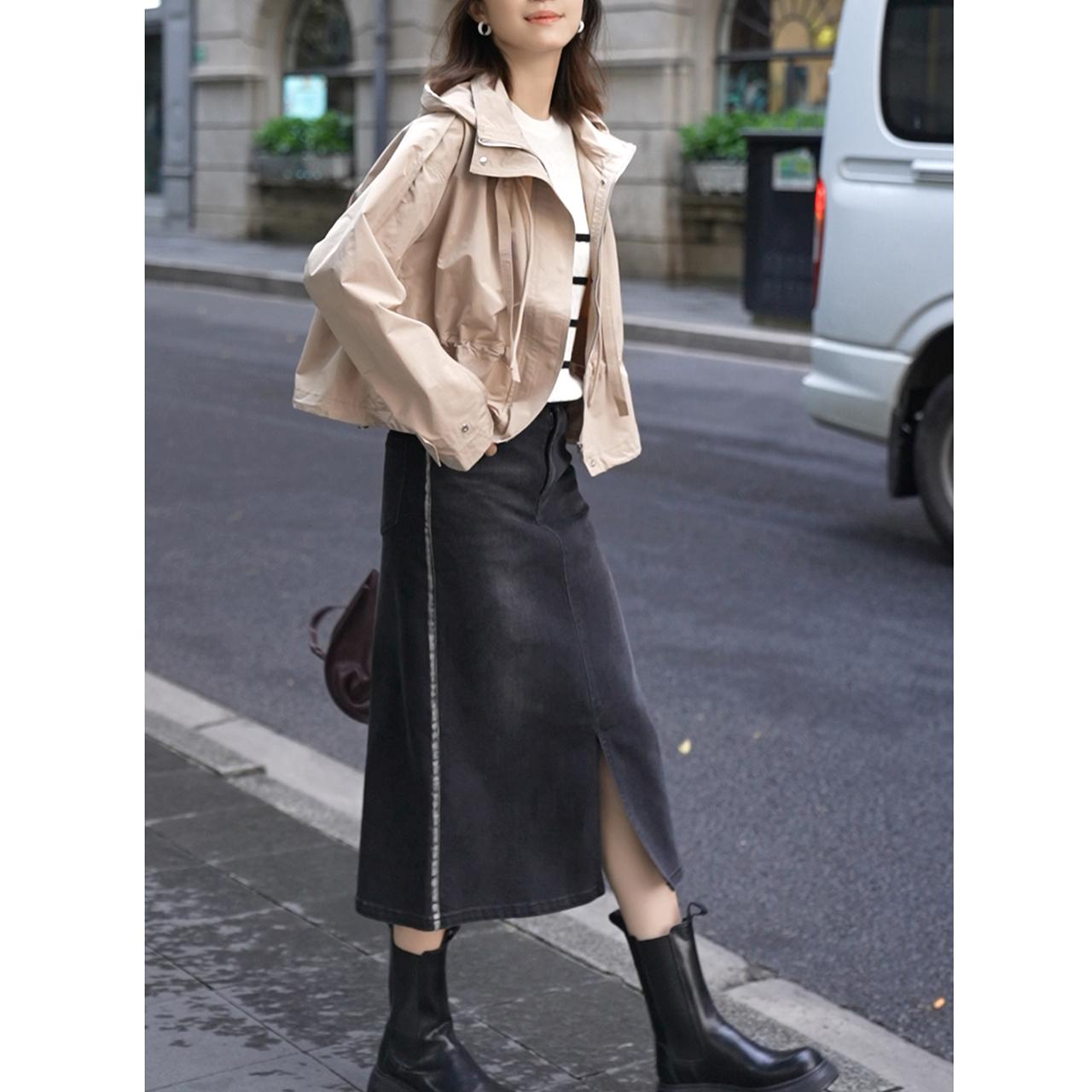 品牌《光年时梦》白撞色高弹力牛仔裙复古黑A版半裙裙子