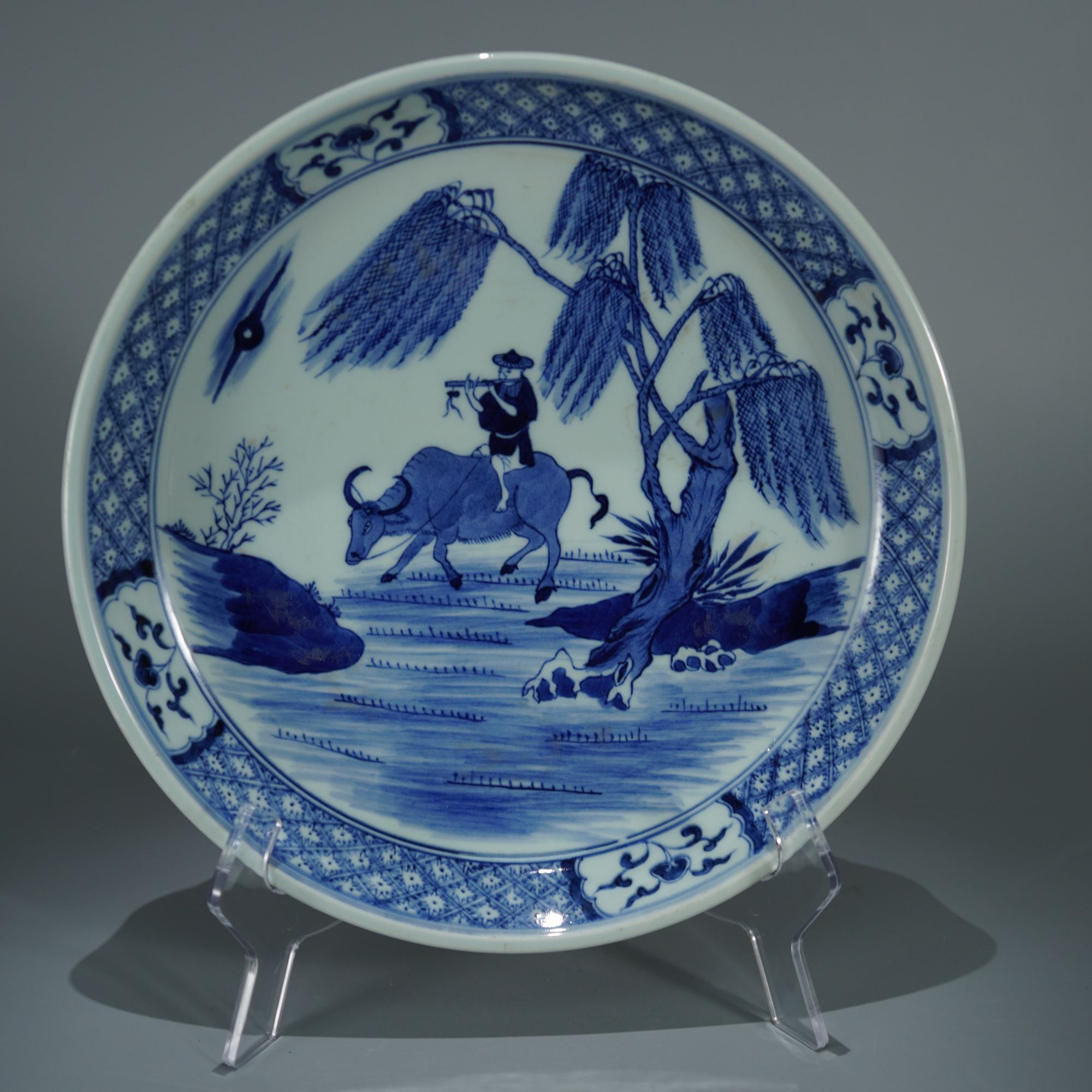 11348清康熙青花牧牛图赏盘【古玩古董明清瓷器】