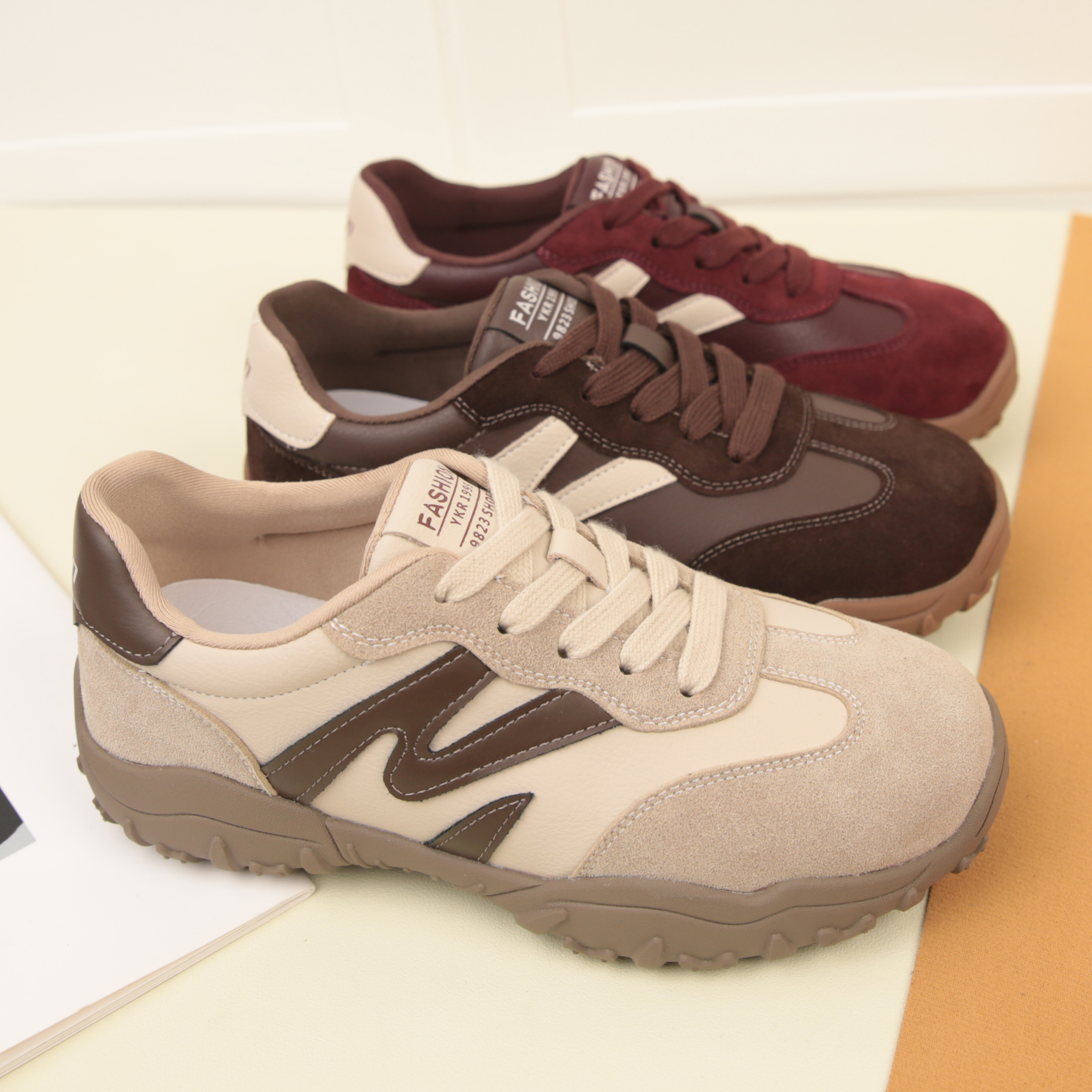 2036秋季新款复古拼色真皮系带德训鞋女百搭运动舒适软底休闲鞋