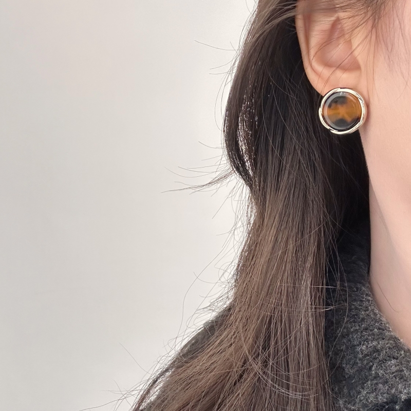 铜合金亚克力耳饰 【么么专属】大牌美拉德焦糖橙正圆耳钉 银针耳环