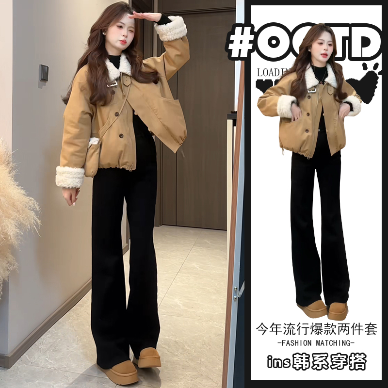 2025冬季英伦风气质宽松保暖外套高腰黑色裤子港味别致百搭两件套
