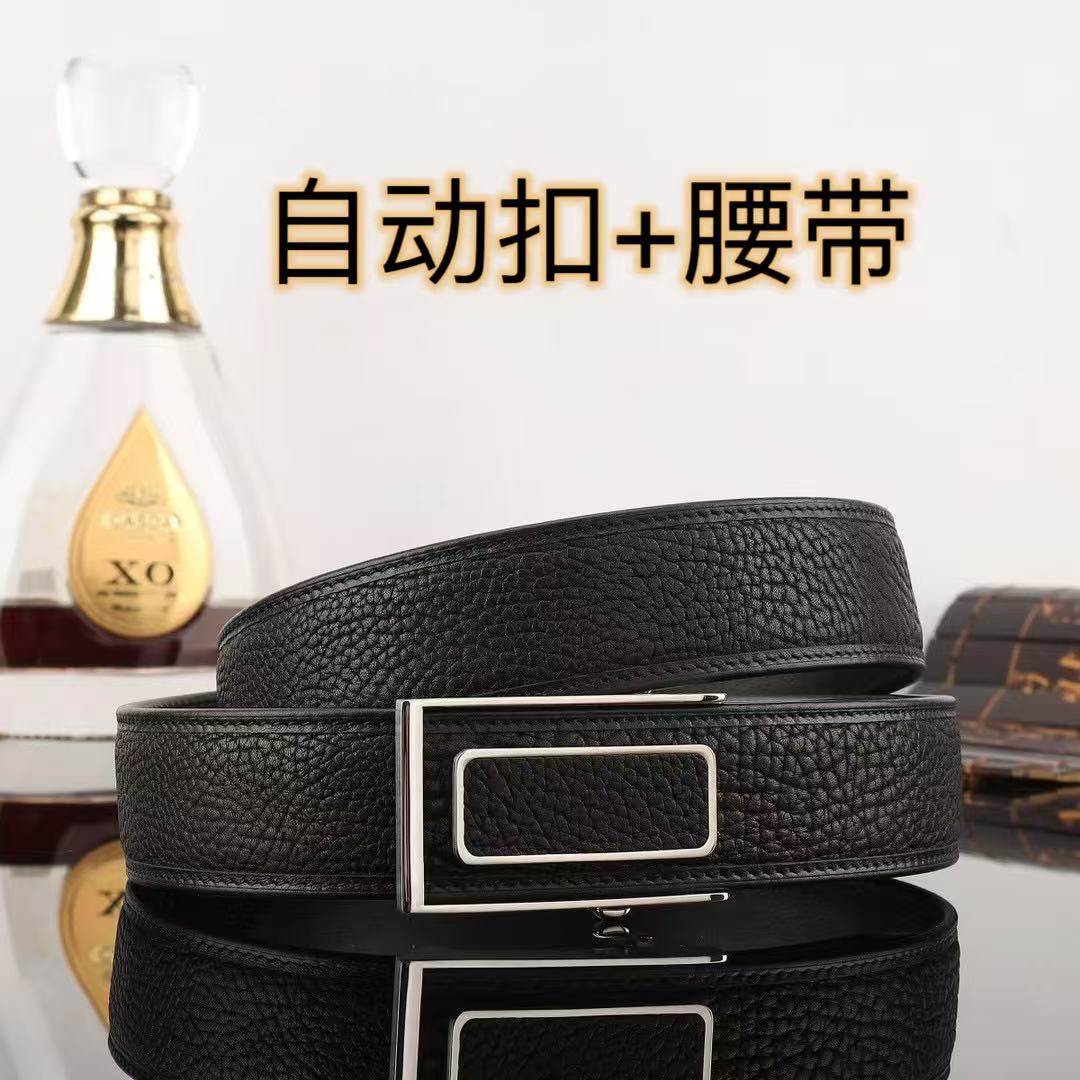 非洲进口牛皮自动真皮皮带男士休闲黑色平滑扣百搭轻奢腰带高档