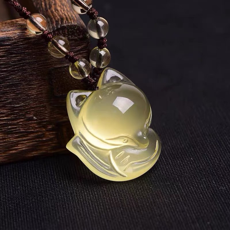 天然黄水晶狐狸吊坠 可爱大头萌狐项链柠檬晶 甜美饰品送朋友礼物