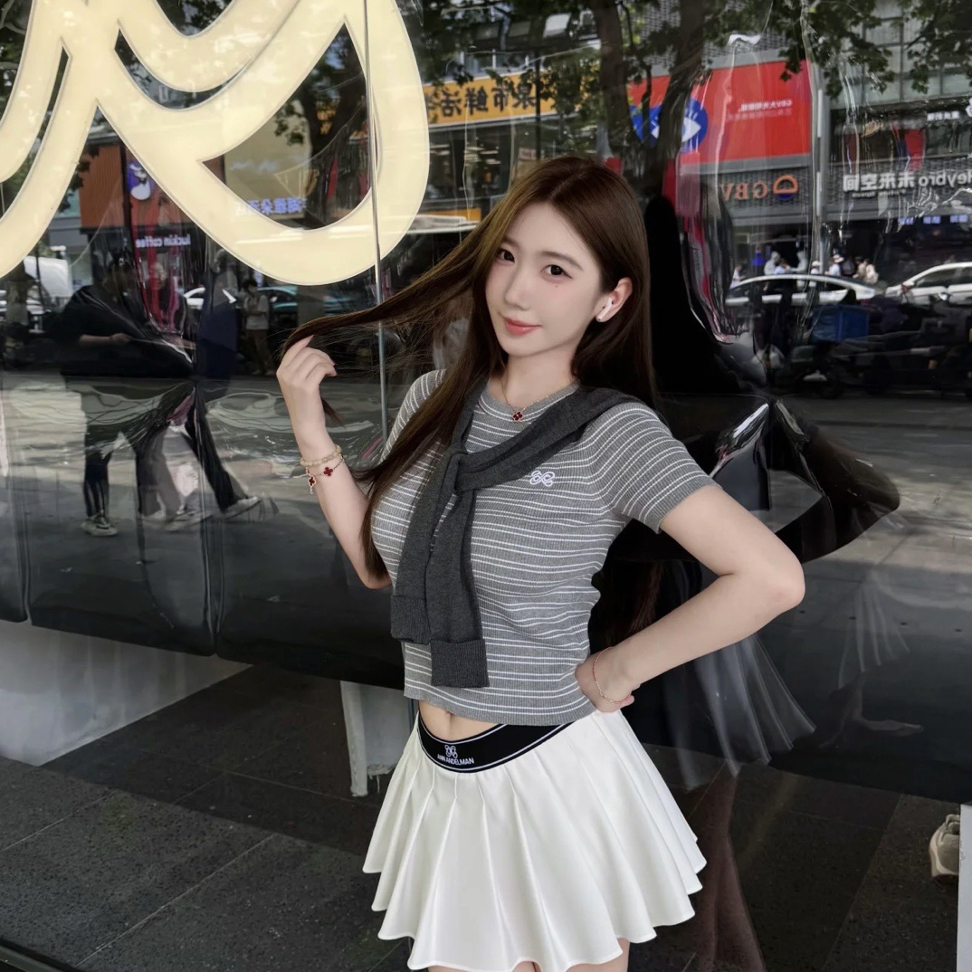 T恤常规款设计感修身型撞色小披肩针织条纹短袖