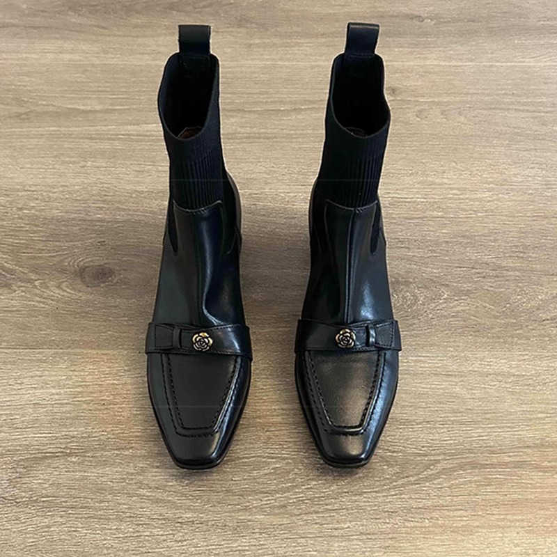 牛皮版~小香风山茶花方头弹力袜靴女套筒高跟瘦瘦靴粗跟显瘦短靴