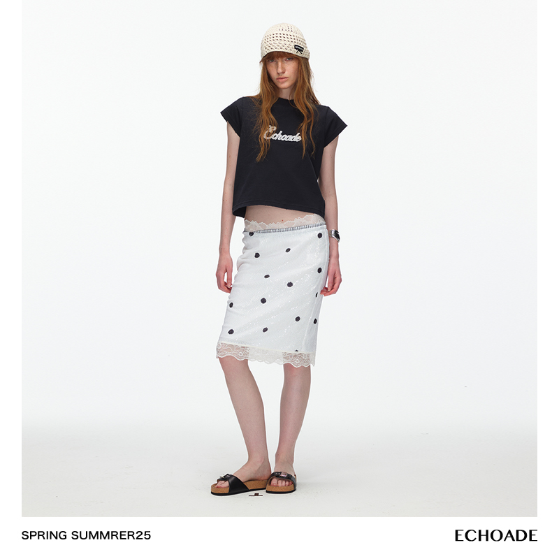 ECHOADE俏皮时髦 甄选蕾丝珠片经典A字版型及膝波点亮片半身裙