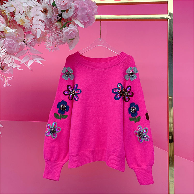 A5258欧美设计师2025冬季新款套头重工钉钻小花休闲宽松针织衫女