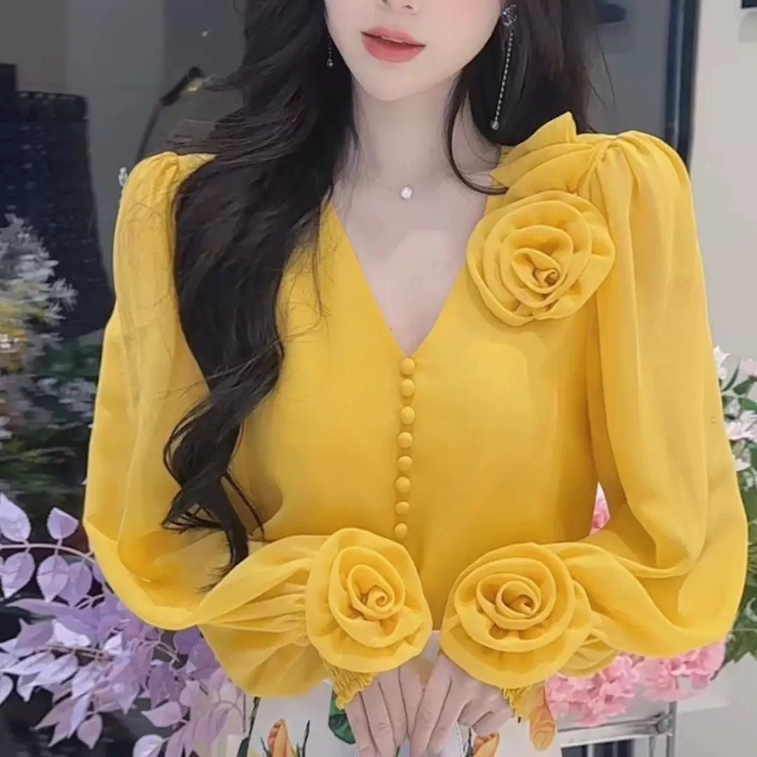【598】气质高贵立体花朵衬衫女装新款高级感上衣洋气