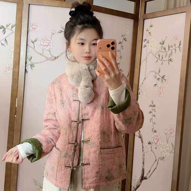 国风中式盘扣苎麻提花棉服外套女2025秋冬新款文艺复古女士棉衣
