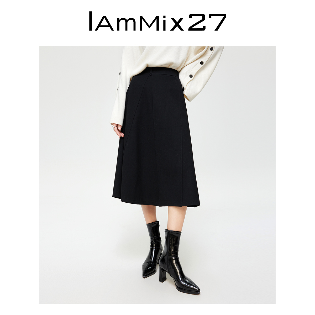 Iammix27秋冬高腰加厚中长款过膝纯色简约百搭休闲西装裙M4D6031