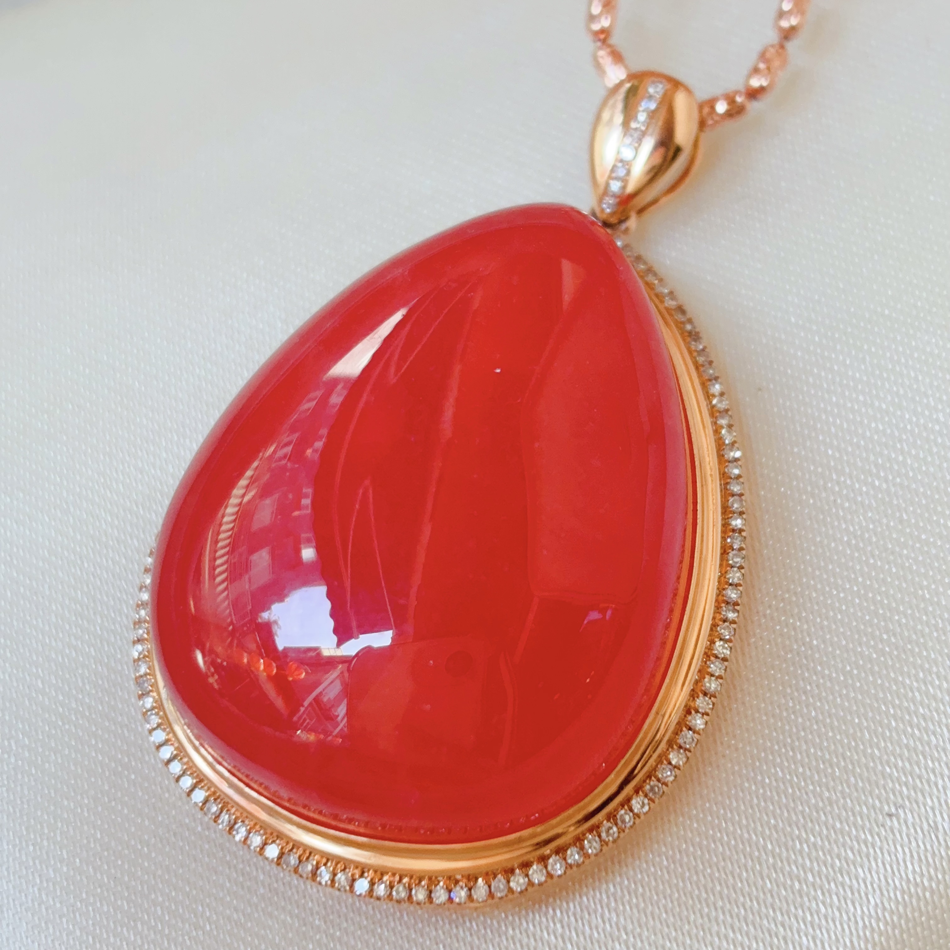 天然冰种红纹石水滴大吊坠经典款18k金钻镶嵌老矿阿根廷宝石