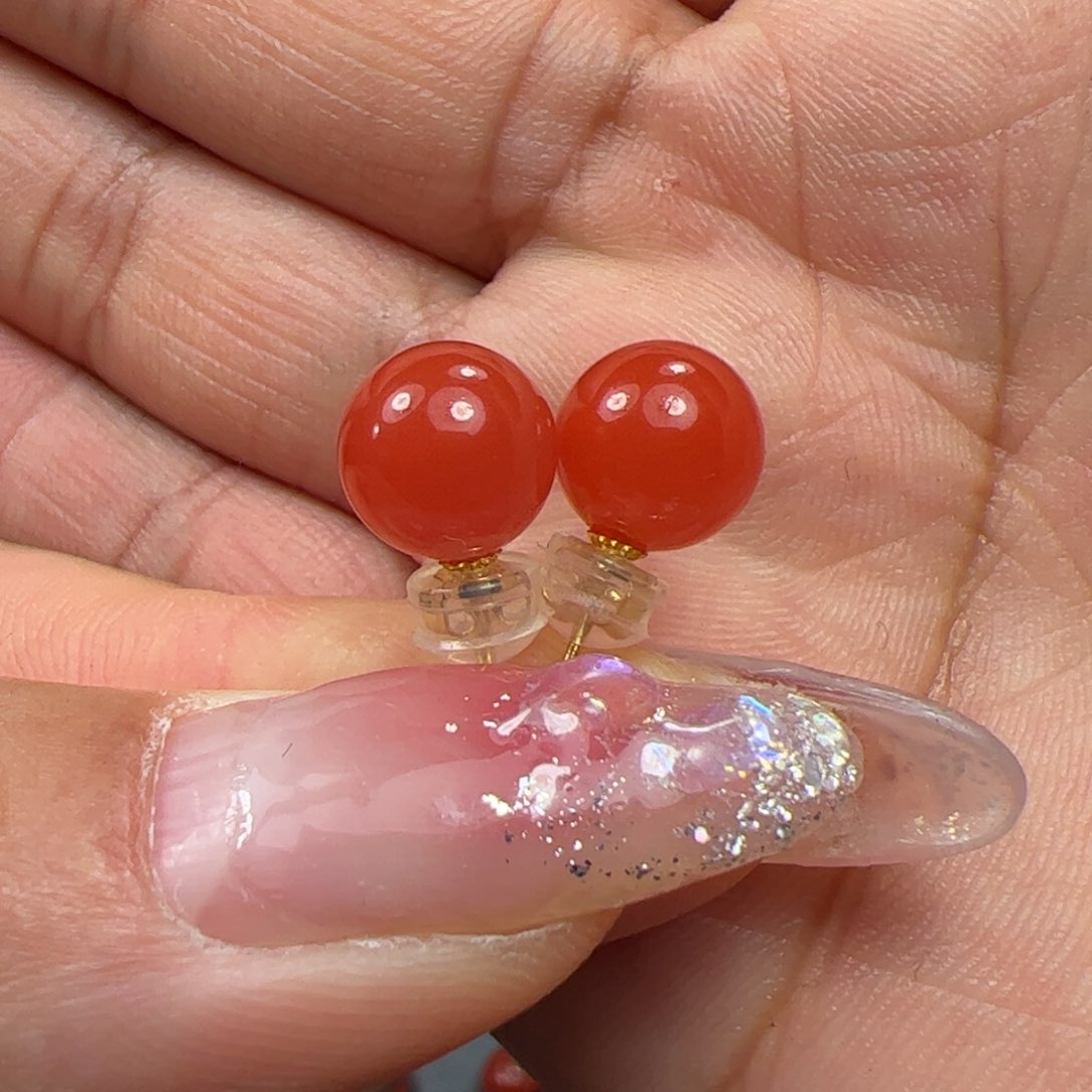 南红玛瑙耳钉18K金镶嵌苏