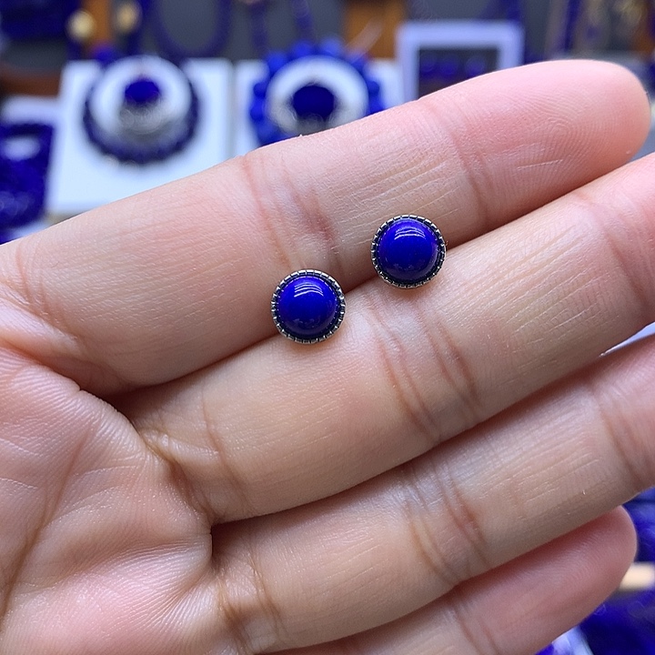 青金石耳钉银S925镶嵌