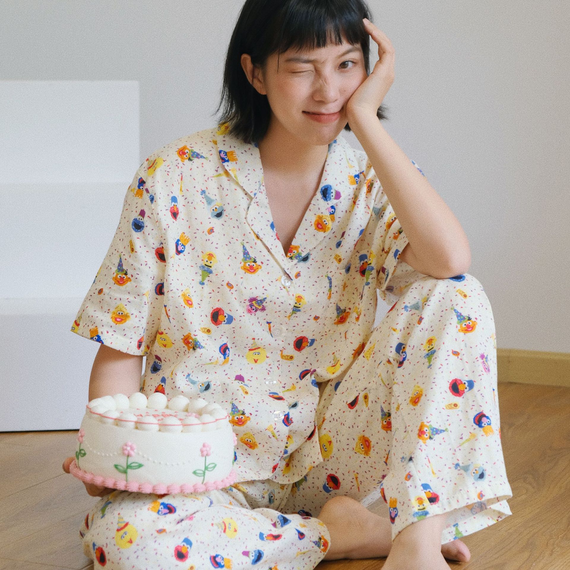 芝麻街夏季纯棉薄款短袖睡衣新款家居服夏天女款长裤套装07353