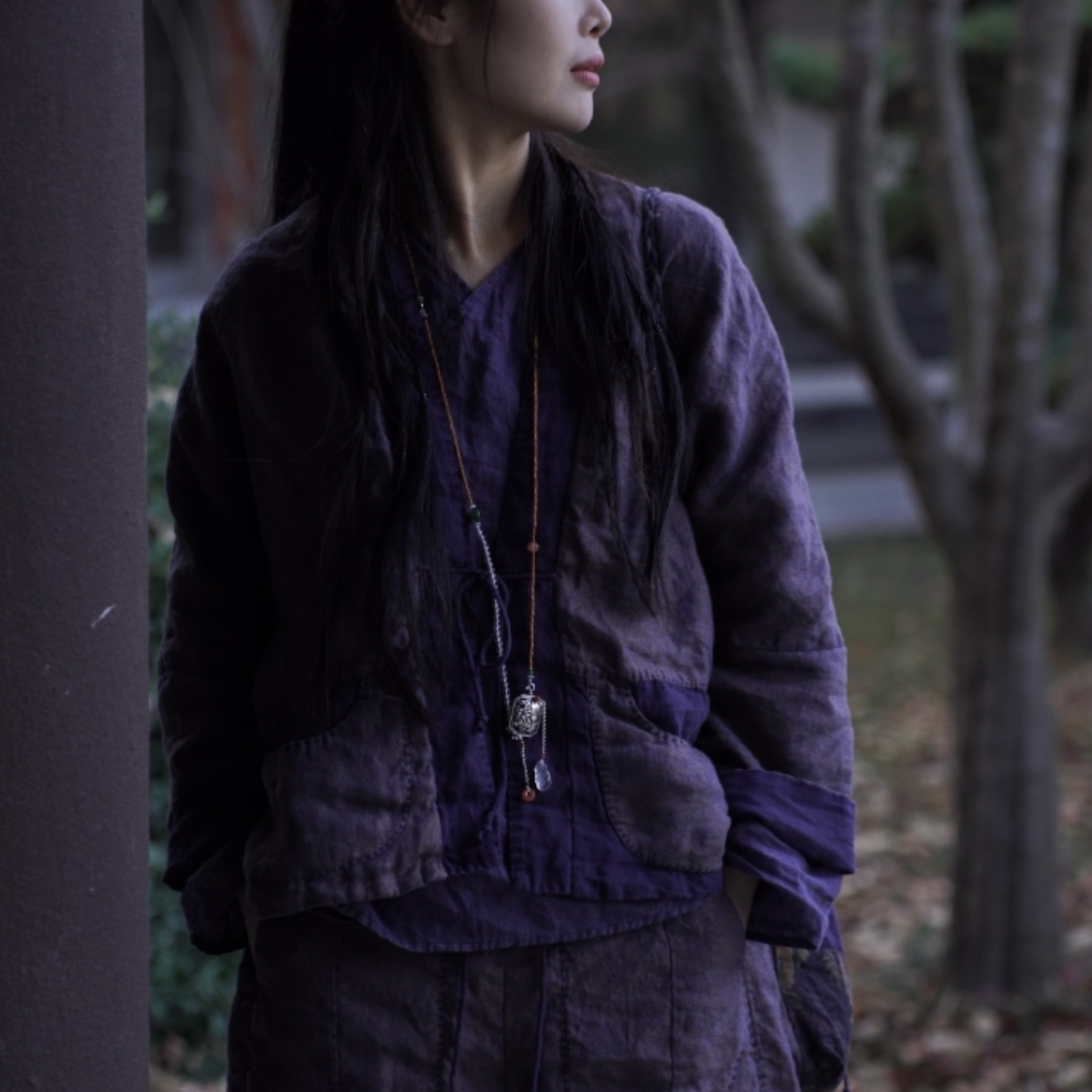 纯衣不染/原创设计「夕雁」色织亚麻撞色拼接设计感双层开衫