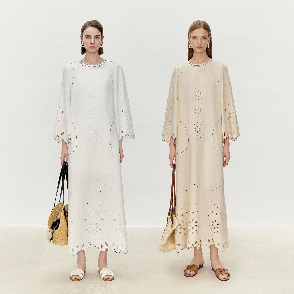 LYNEE【黑标系列】 亚麻重工镂空立体绣花连衣裙女LGD2FSW153