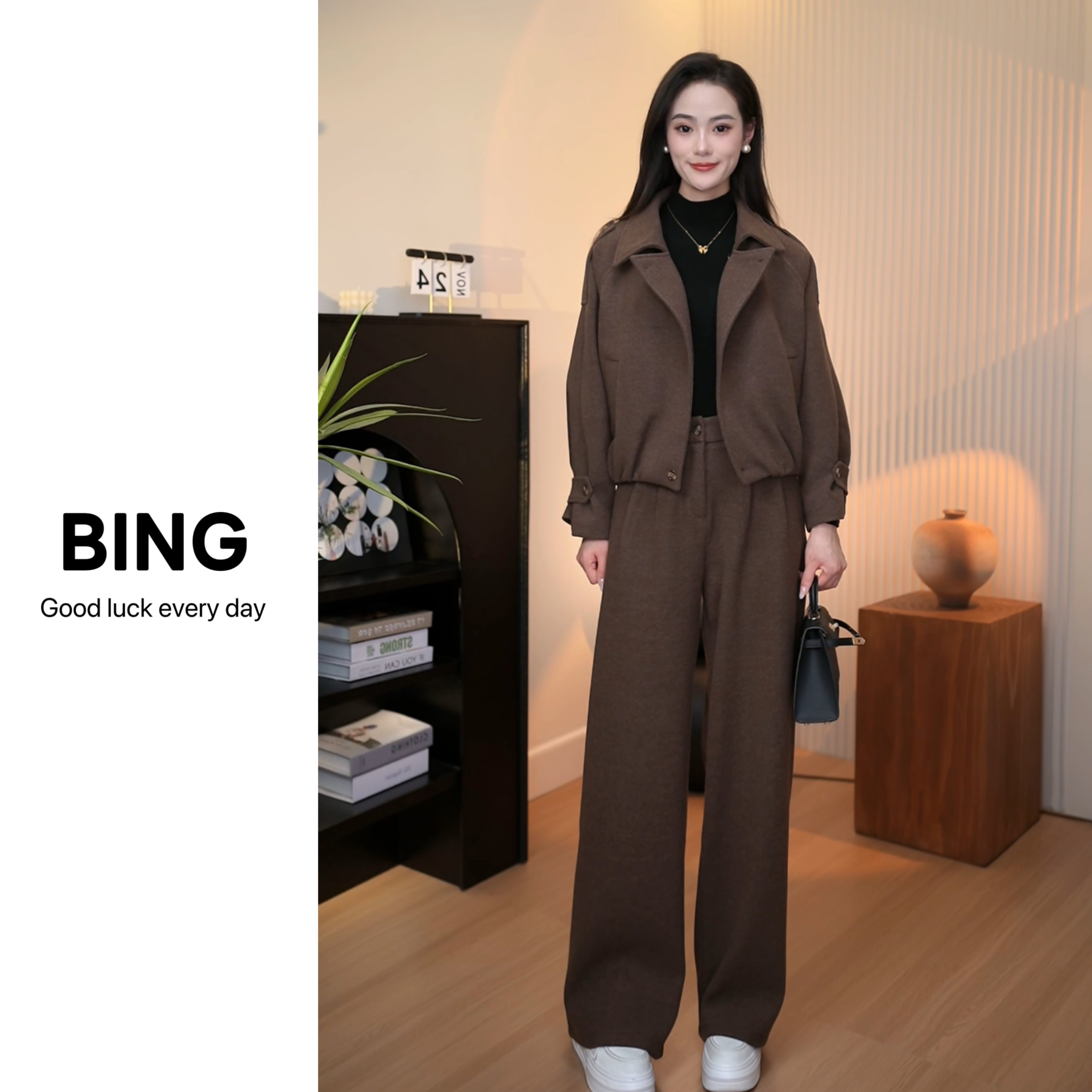 秋冬新款风衣短外套女复古宽松休闲夹克咖色两件套