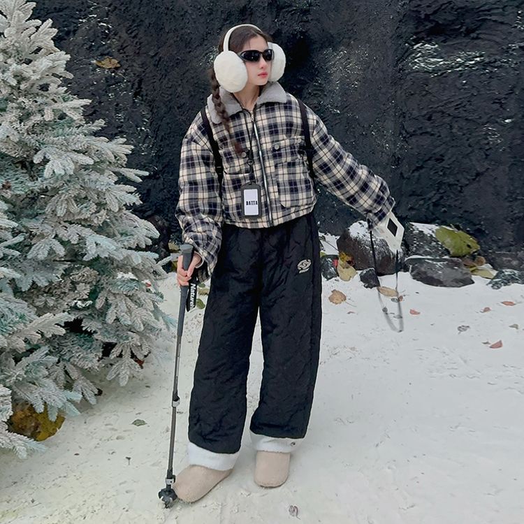 韩版加绒加厚格子女童棉服配黑色棉裤适用4 - 14岁中大童保暖棉面