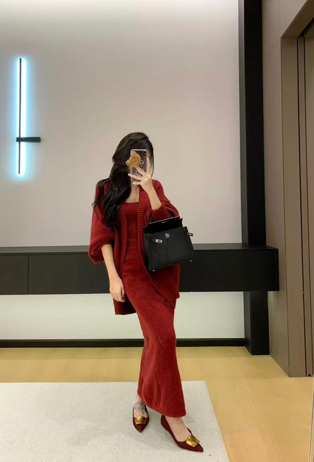 复古慵懒风毛衣三件套女秋冬新款针织开衫吊带背心破洞半身裙套装