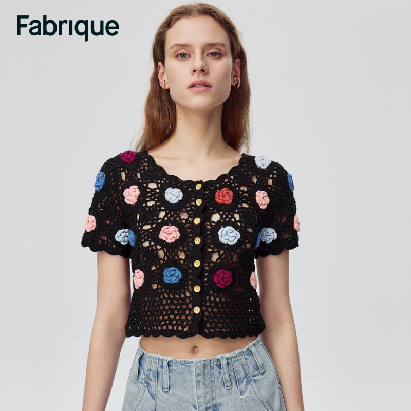 【Fabrique】黑色纯手工立体彩色钩花短款针织开衫上衣新款针织衫