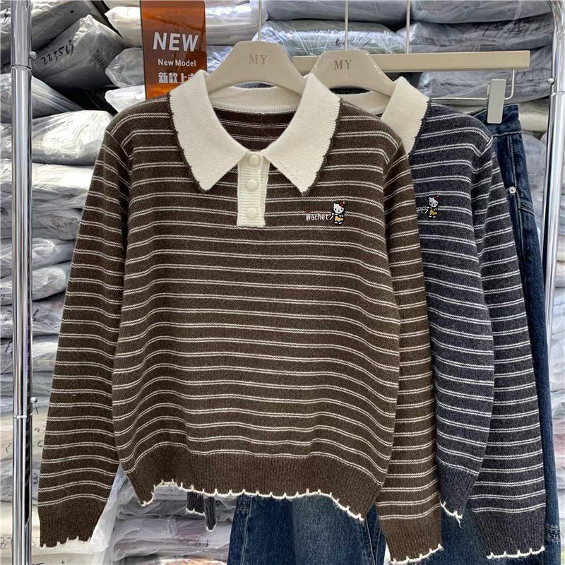 蜜娜  2828条纹翻领毛衣